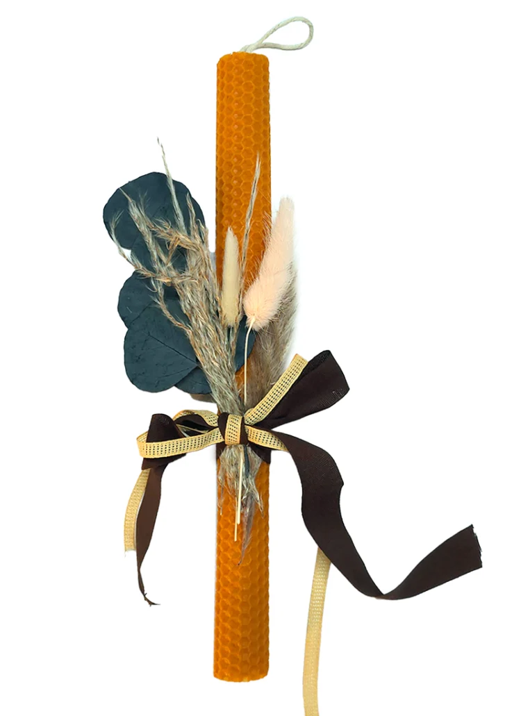 Λαμπάδα από Μελισσοκέρι σε Πορτοκαλί χρώμα και Αποξηραμένα Λουλούδια 30εκ