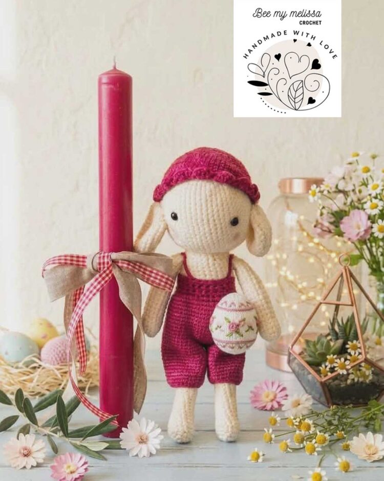 Λαμπάδα με Χειροποίητο Παιχνίδι Πλεκτό Αρνάκι 30 εκ. Κόκκινη